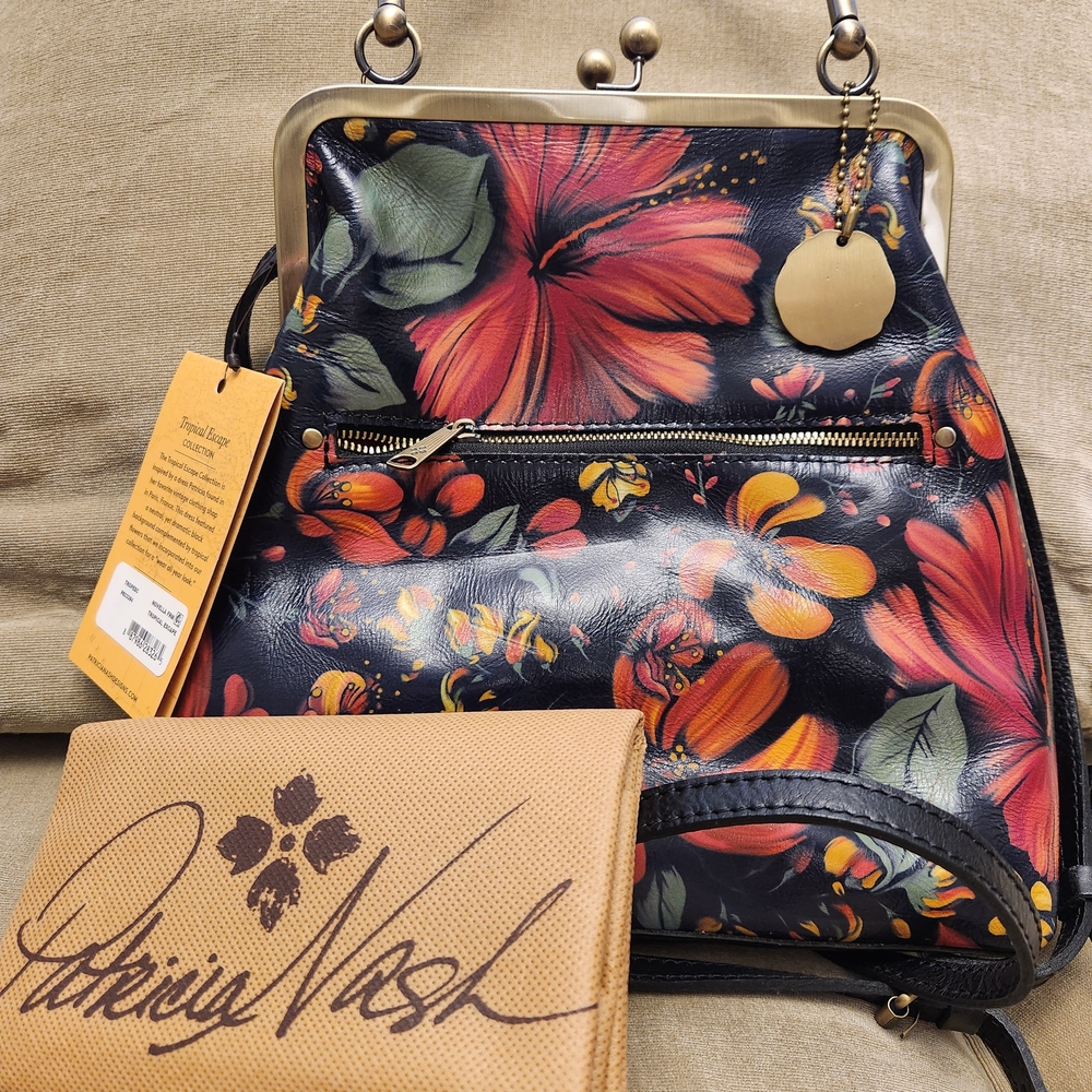 Patricia Nash Black Leather Backpack with Floral Design